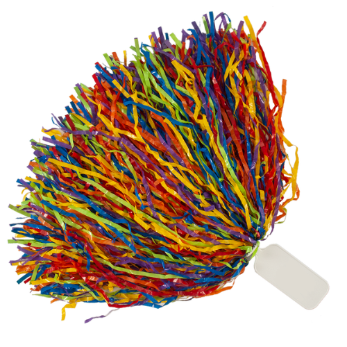 Red, Tennessee orange, bright gold, neon green, bright blue, and light purple 750 streamer rooter pom with solid handle