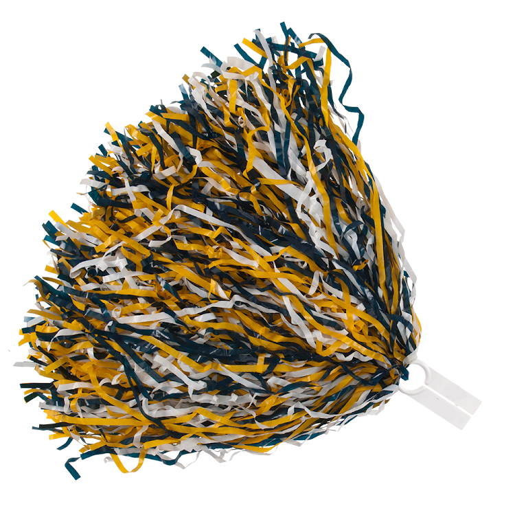 Bright gold, white, and forest green 750 strand rooter pom with ring tab handle