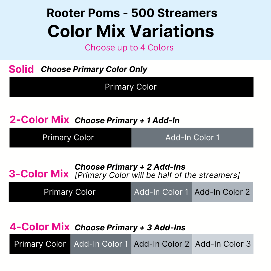 500 Streamer Rooter Poms color mix variations chart