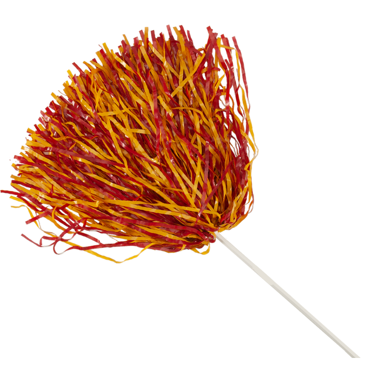 Scarlet red and bright gold 500 streamer rooter pom with stick handle