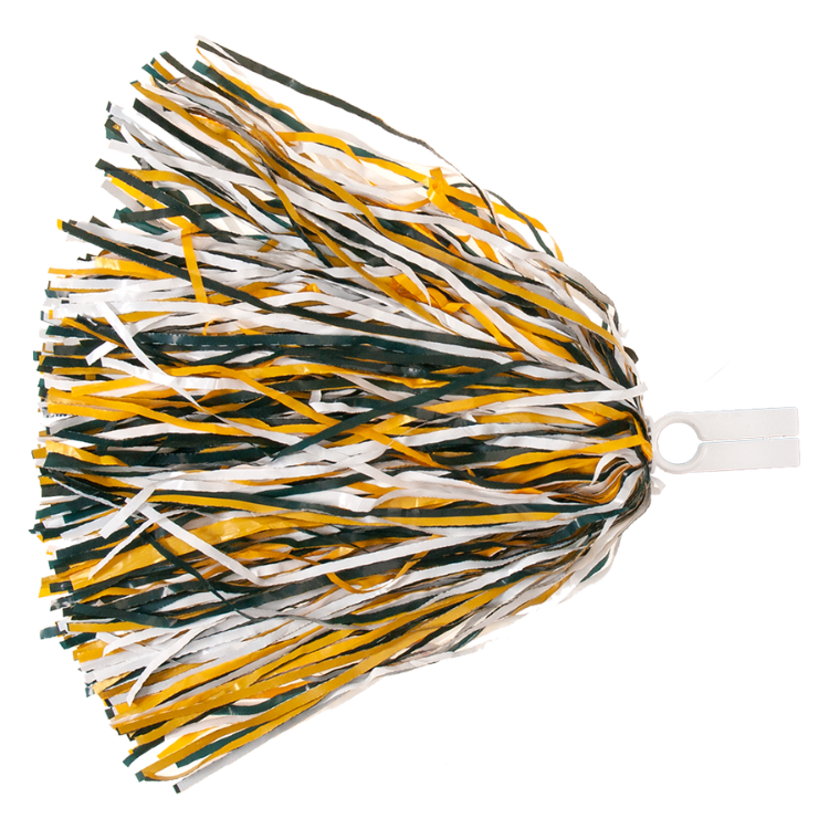 Bright gold, forest green, and white 500 streamer rooter pom with ring tab handle