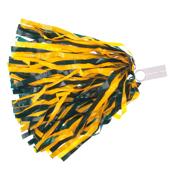 Bright gold and forest green wide strand rooter pom with ring tab handle