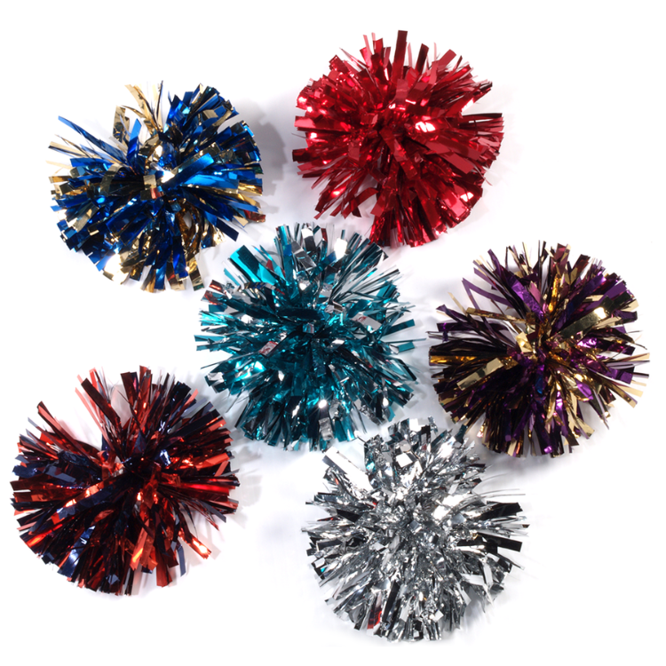 Royal blue and gold, red, orange and navy blue, teal and silver, silver, and purple and gold metallic hair and shoe poms