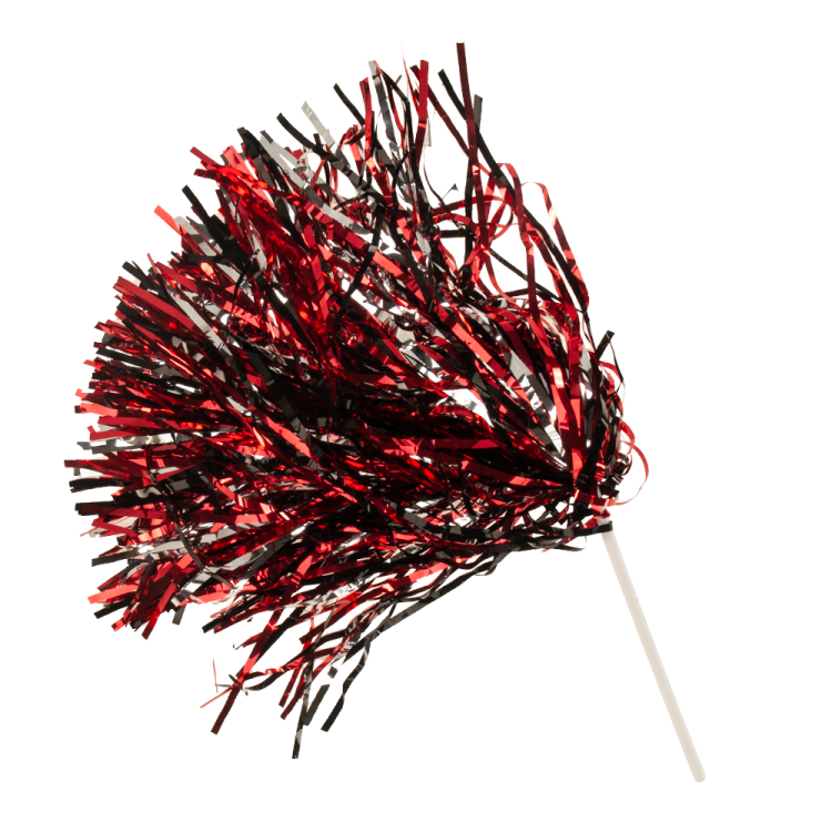 Metallic Red, Metallic Black, and Metallic Silver 500 streamer rooter pom with stick handle