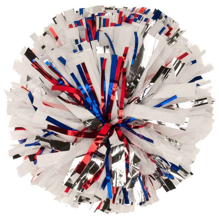 White plastic pom with silver flash and metallic red and metallic blue glitter