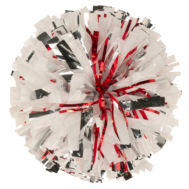 White plastic pom with metallic silver flash and metallic red glitter