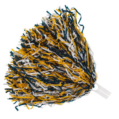 Bright gold, white, and forest green 750 strand rooter pom with ring tab handle