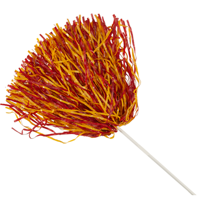 Scarlet red and bright gold 500 streamer rooter pom with stick handle
