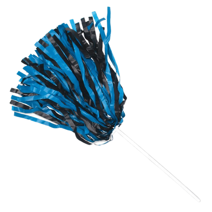 Bright blue and black wide strand rooter poms with stick handle