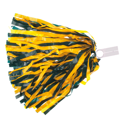 Bright gold and forest green wide strand rooter pom with ring tab handle