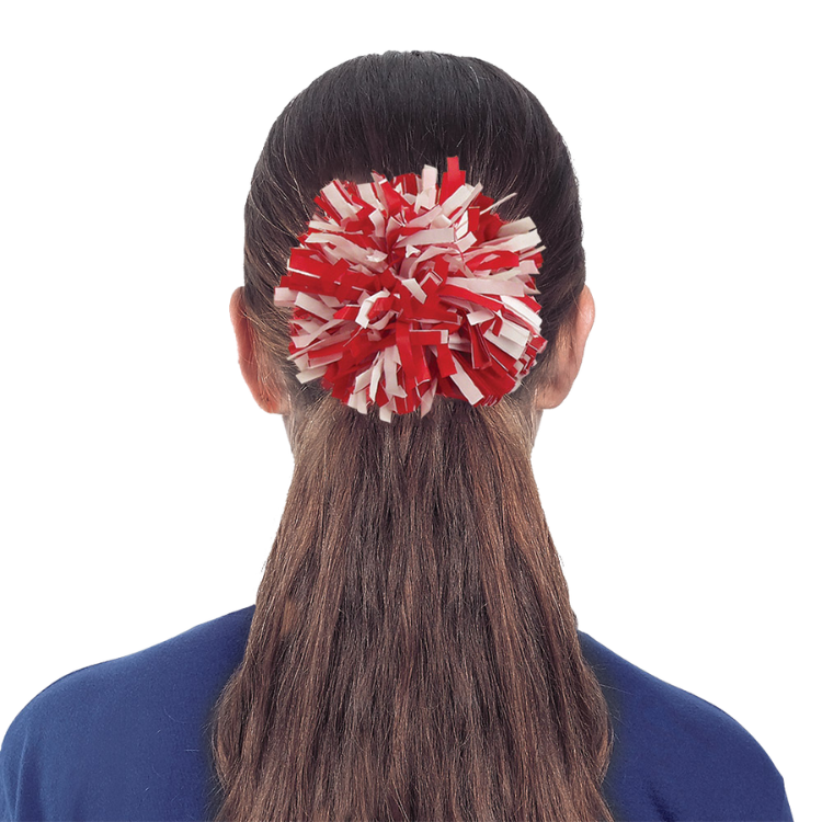 Girl with red and white hair pom in hair