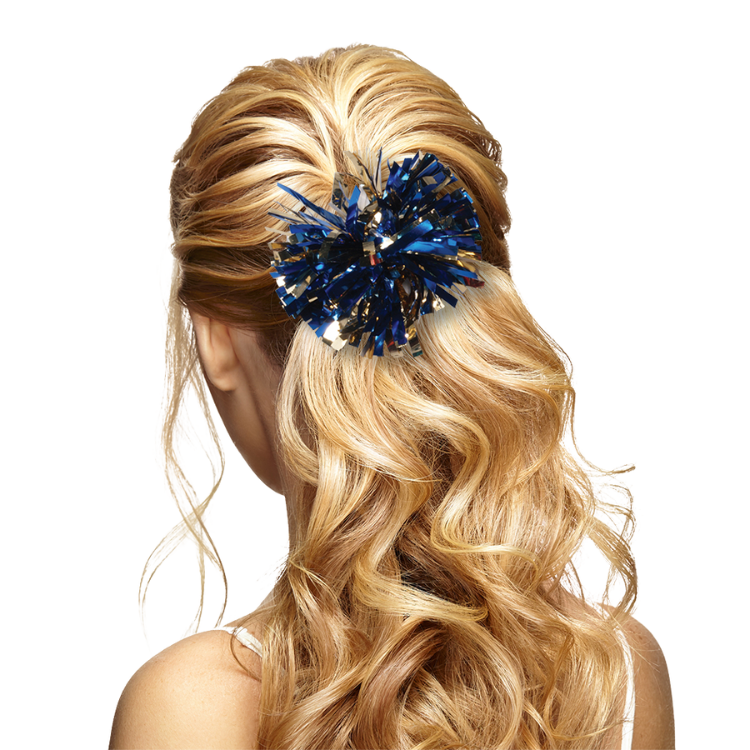 Metallic blue and gold hair pom in hair