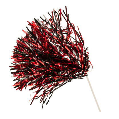 Metallic Red, Metallic Black, and Metallic Silver 500 streamer rooter pom with stick handle