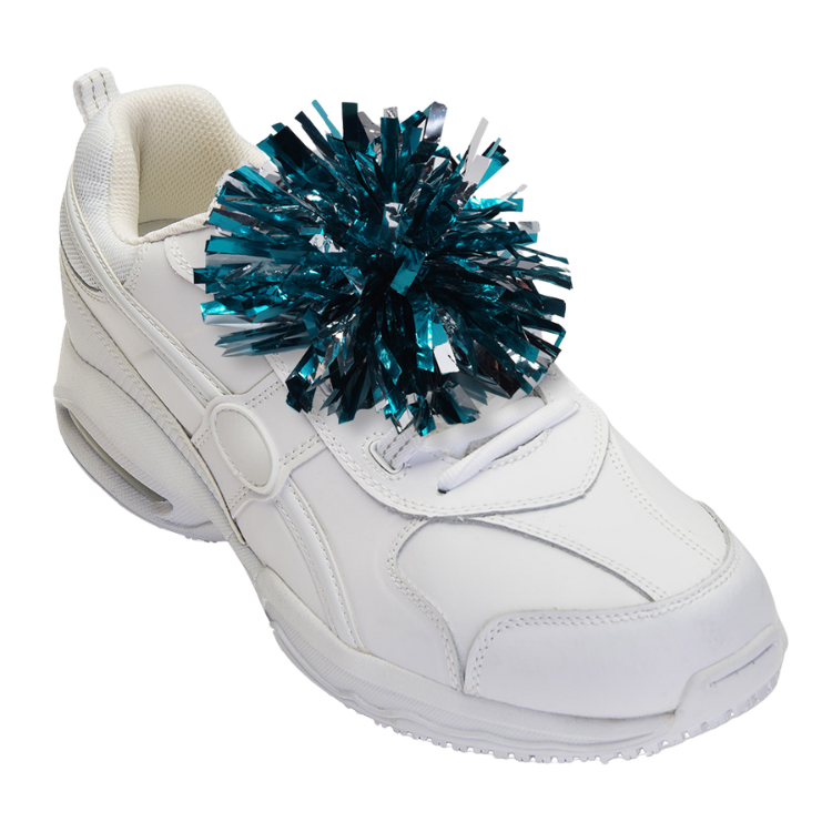 Metallic teal and silver shoe pom on shoe
