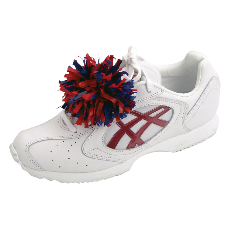 Shoe with red and royal blue shoe pom